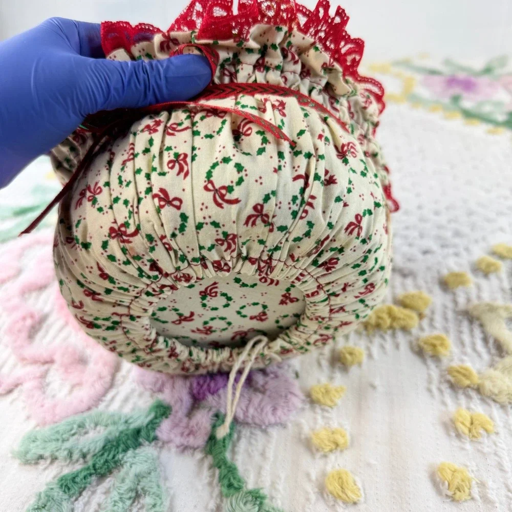 Vintage Christmas Floral Arrangement Fabric Pot Red Berry Lace Centerpiece